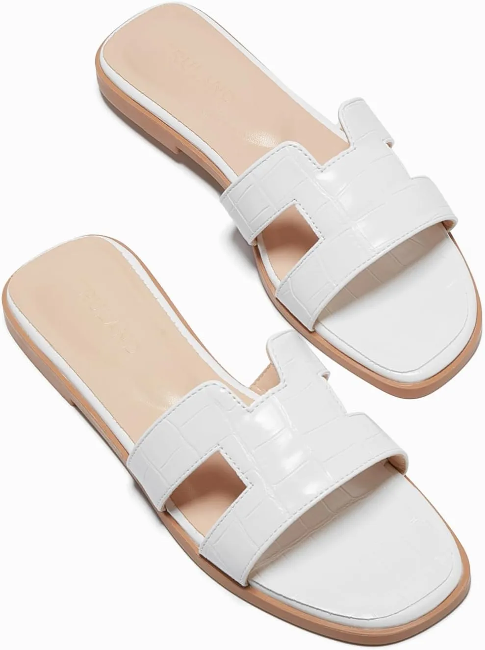 TRULAND H Strap Flat Slide Sandals for Women - Cute Fashion Open Square Toe Summer Dressy Sandals