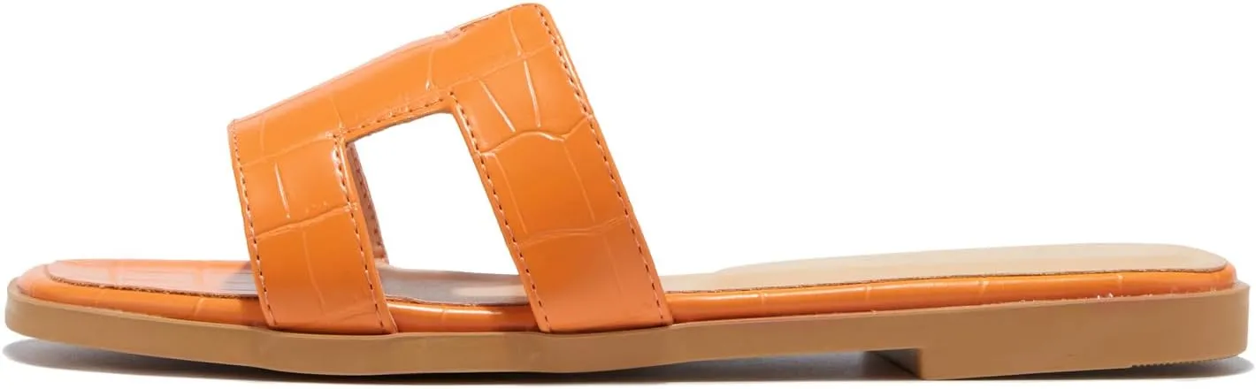 TRULAND H Strap Flat Slide Sandals for Women - Cute Fashion Open Square Toe Summer Dressy Sandals