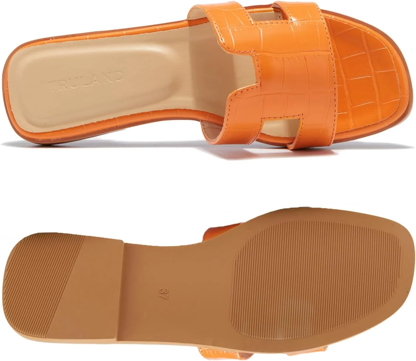 TRULAND H Strap Flat Slide Sandals for Women - Cute Fashion Open Square Toe Summer Dressy Sandals