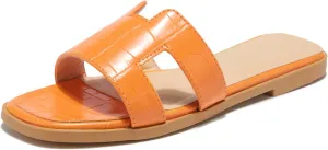 TRULAND H Strap Flat Slide Sandals for Women - Cute Fashion Open Square Toe Summer Dressy Sandals