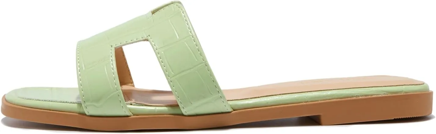 TRULAND H Strap Flat Slide Sandals for Women - Cute Fashion Open Square Toe Summer Dressy Sandals