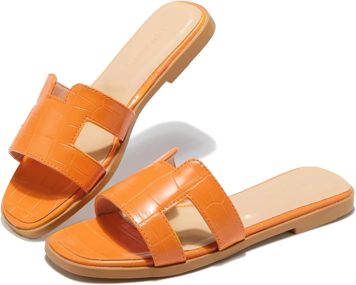 TRULAND H Strap Flat Slide Sandals for Women - Cute Fashion Open Square Toe Summer Dressy Sandals