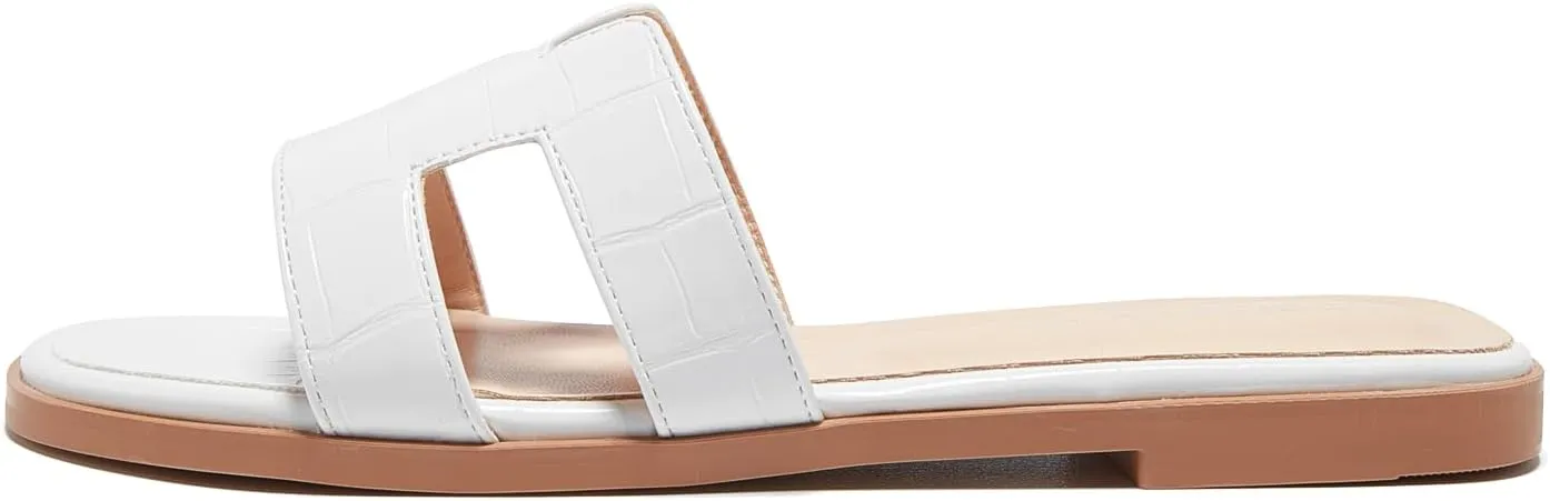 TRULAND H Strap Flat Slide Sandals for Women - Cute Fashion Open Square Toe Summer Dressy Sandals