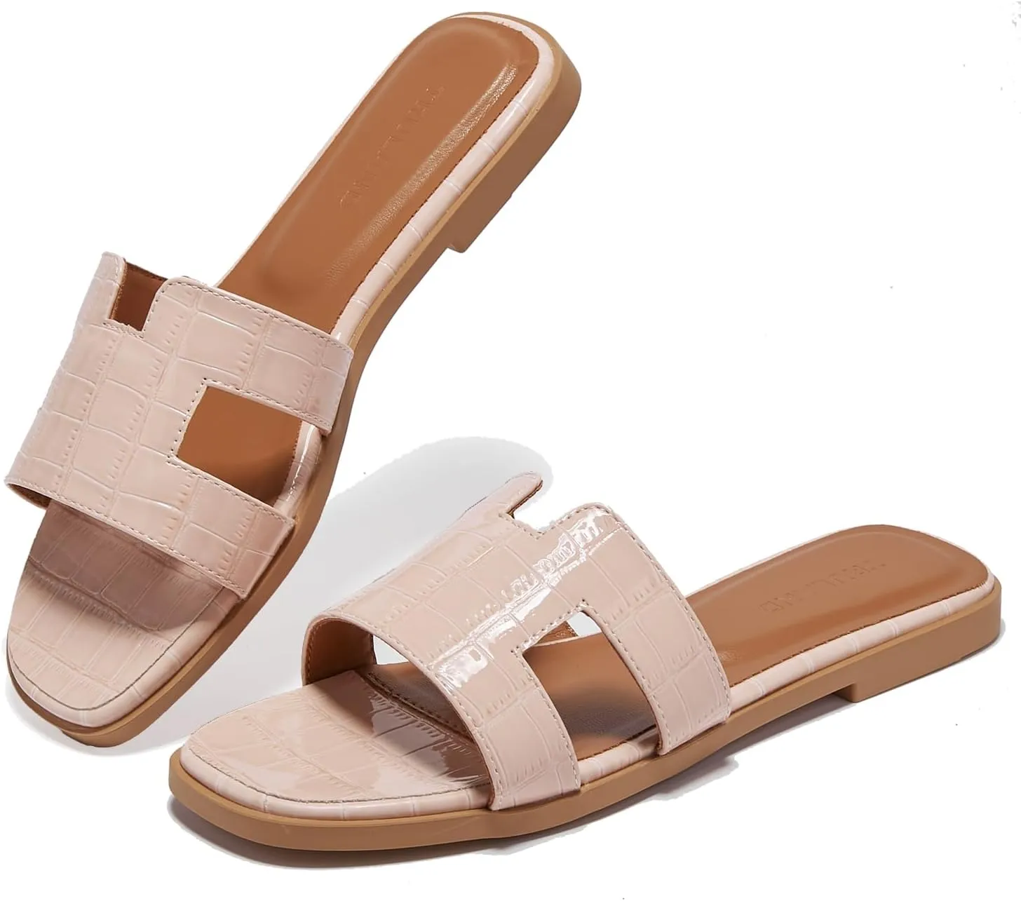 TRULAND H Strap Flat Slide Sandals for Women - Cute Fashion Open Square Toe Summer Dressy Sandals