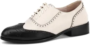 U-lite Women's Perforated Lace-up Wingtip Multicolor Leather Flat Oxfords Vintage Oxford Shoes