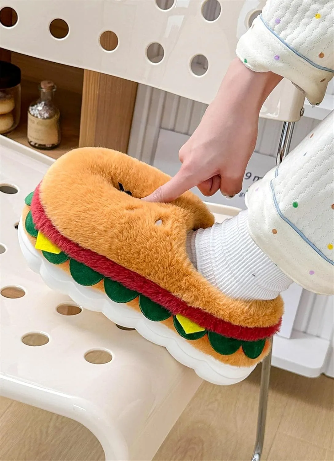 Unisex Adults Home & Kitchen Casual Playful Cotton, EVA Plush Slippers, Brown, Size: Unisex, Non-Slip EVA Sole, Memory Foam Insole, Washable, Hamburger Design