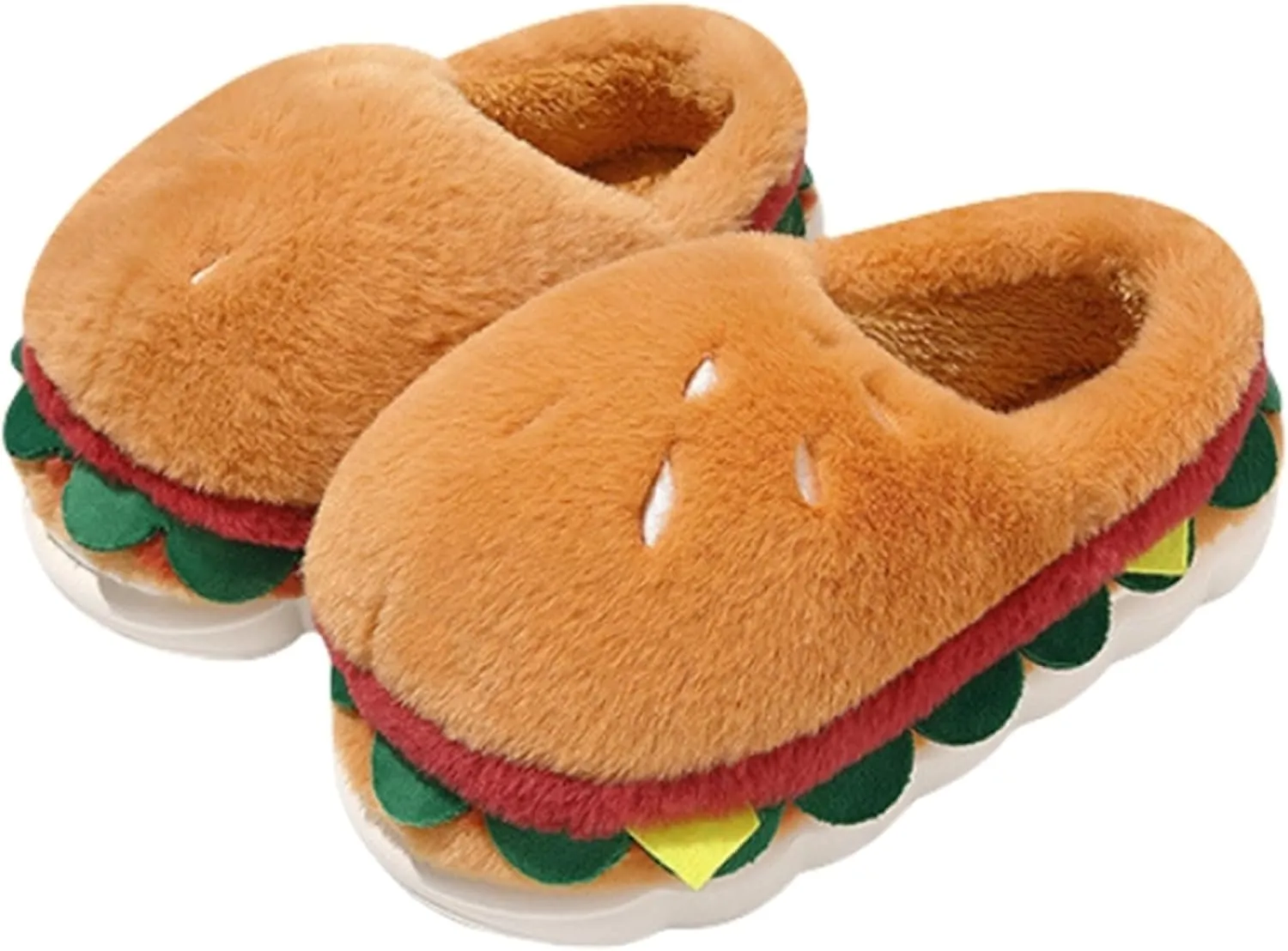 Unisex Adults Home & Kitchen Casual Playful Cotton, EVA Plush Slippers, Brown, Size: Unisex, Non-Slip EVA Sole, Memory Foam Insole, Washable, Hamburger Design