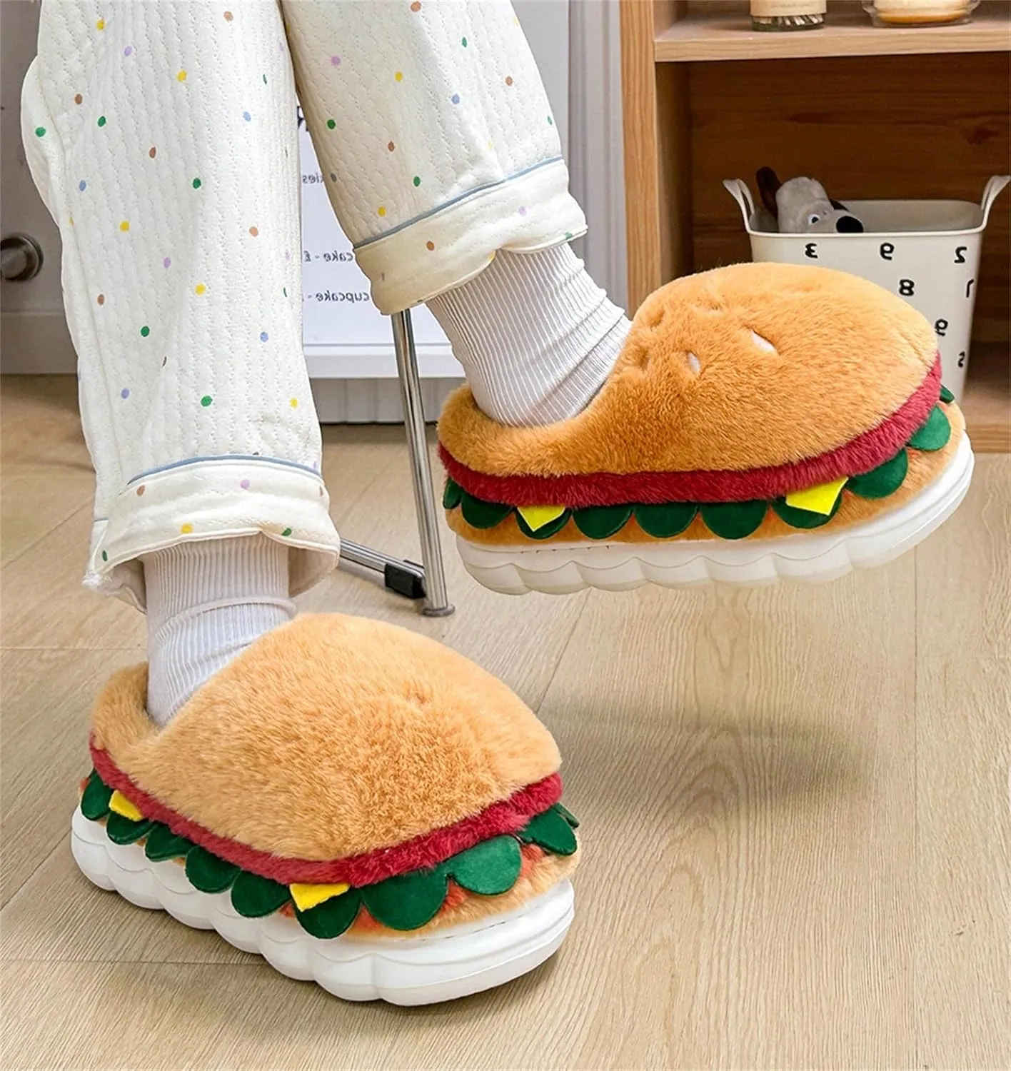 Unisex Adults Home & Kitchen Casual Playful Cotton, EVA Plush Slippers, Brown, Size: Unisex, Non-Slip EVA Sole, Memory Foam Insole, Washable, Hamburger Design
