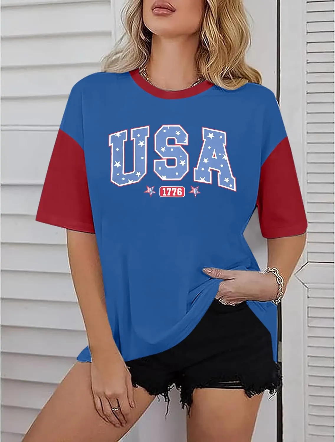 USA Shirt Women Oversize 4th of July Outfits American Flag ShirtsPatriotic T-Shirt Casual Short Sleeve Tops