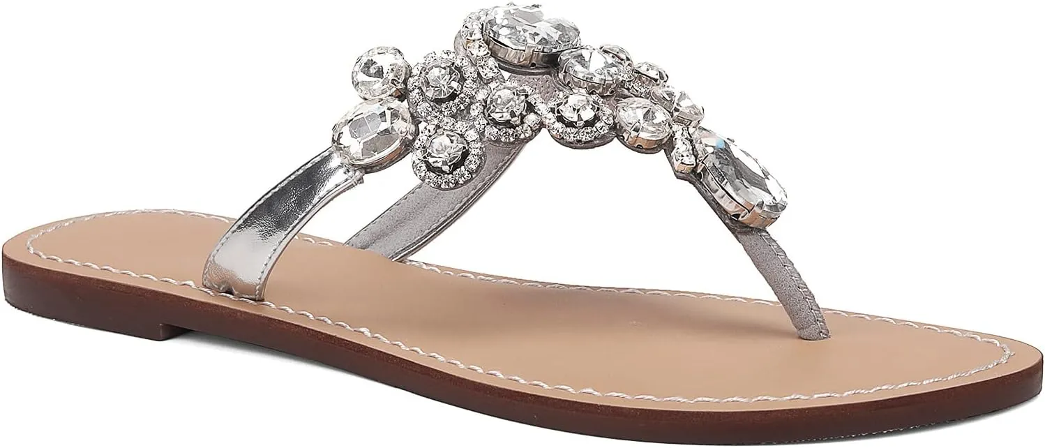 UTIKLIOU Women's Rhinestone Flat Sandals T-Strap Thong Sandals Summer Flat Sandals Flip Flop Sandals for Women