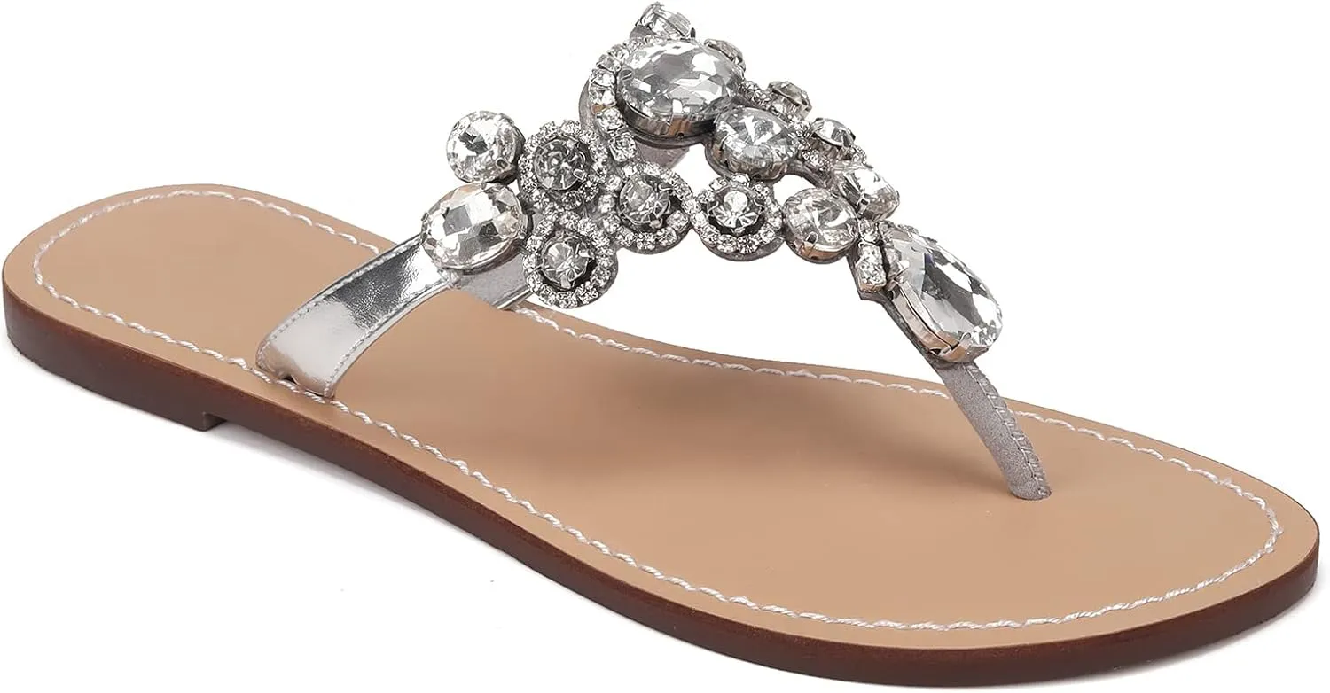 UTIKLIOU Women's Rhinestone Flat Sandals T-Strap Thong Sandals Summer Flat Sandals Flip Flop Sandals for Women