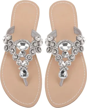 UTIKLIOU Women's Rhinestone Flat Sandals T-Strap Thong Sandals Summer Flat Sandals Flip Flop Sandals for Women