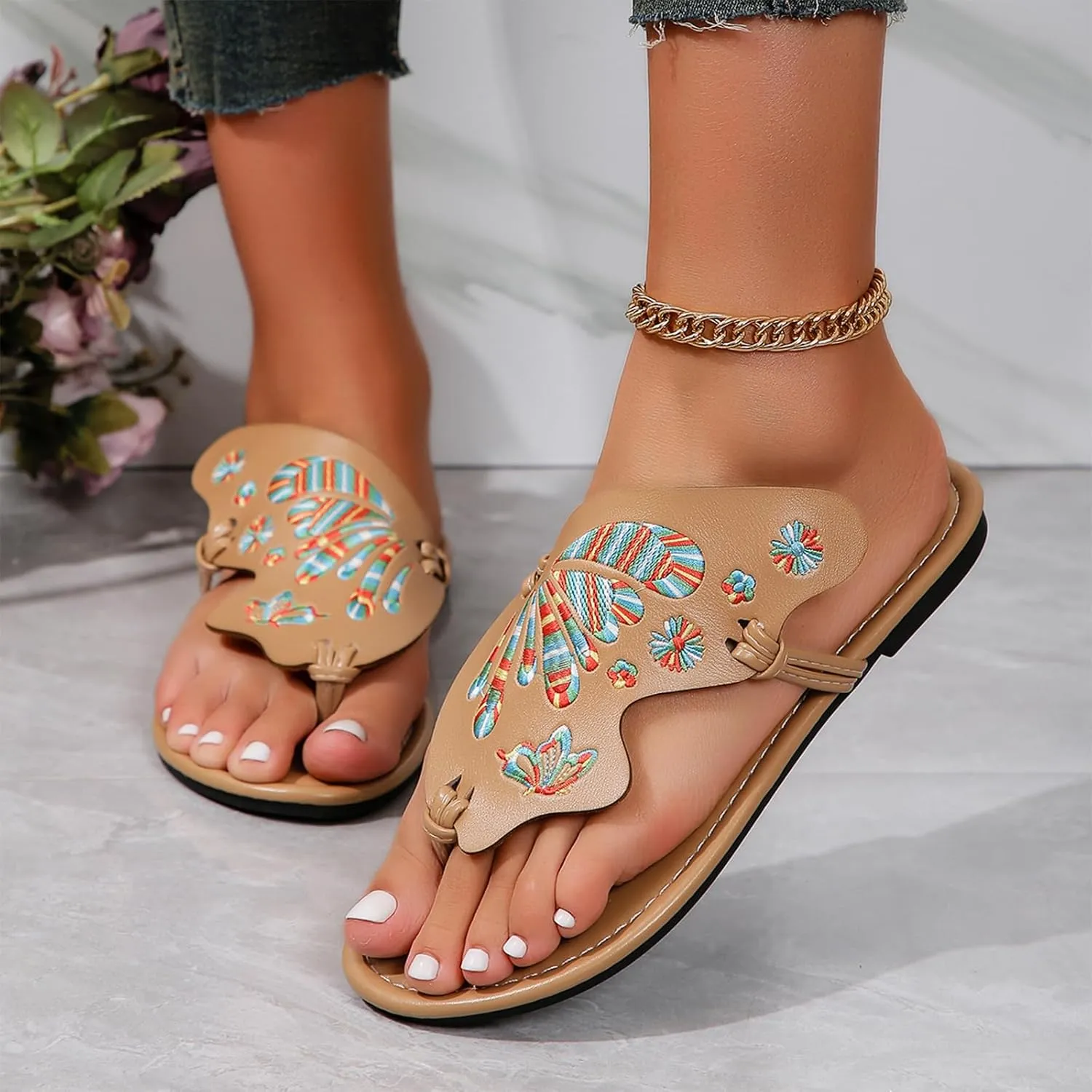 UTIKLIOU Women's Thong Flat Sandals Flip Flops Sandals Casual Slip on Comfortable Slide Sandals Butterfly Embroidered Summer Beach Dress Shoes