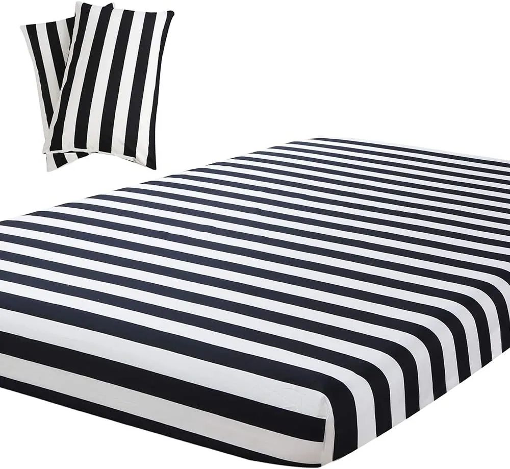 Vaulia Black and White Stripe Print Pattern, Microfiber Twin Size Sheets (1 Fitted Sheet 2 Pillowcases)