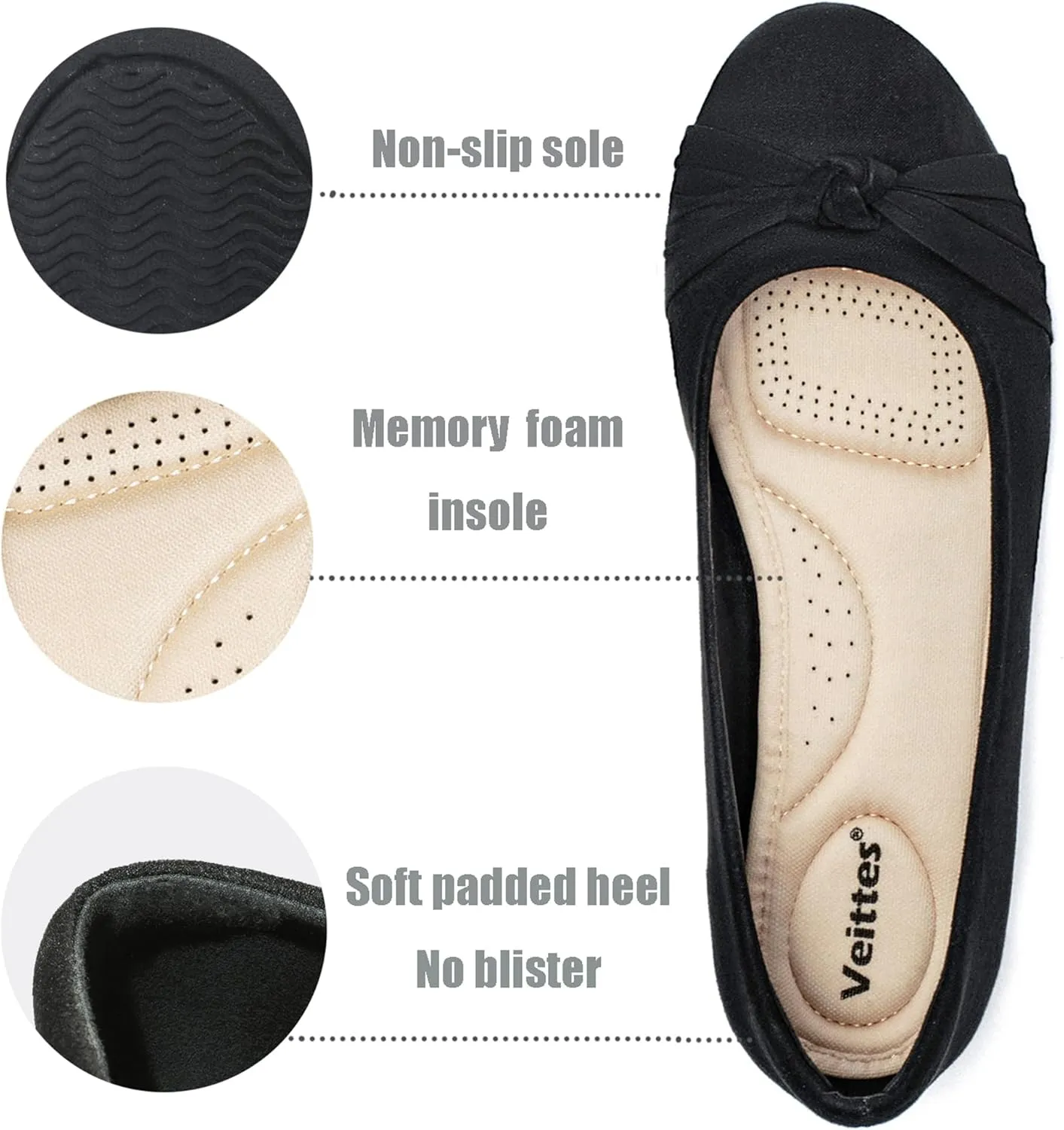 Veittes Women's Wide Width Flat Shoes, Classic Soft Round Toe Design Ballet Flats.