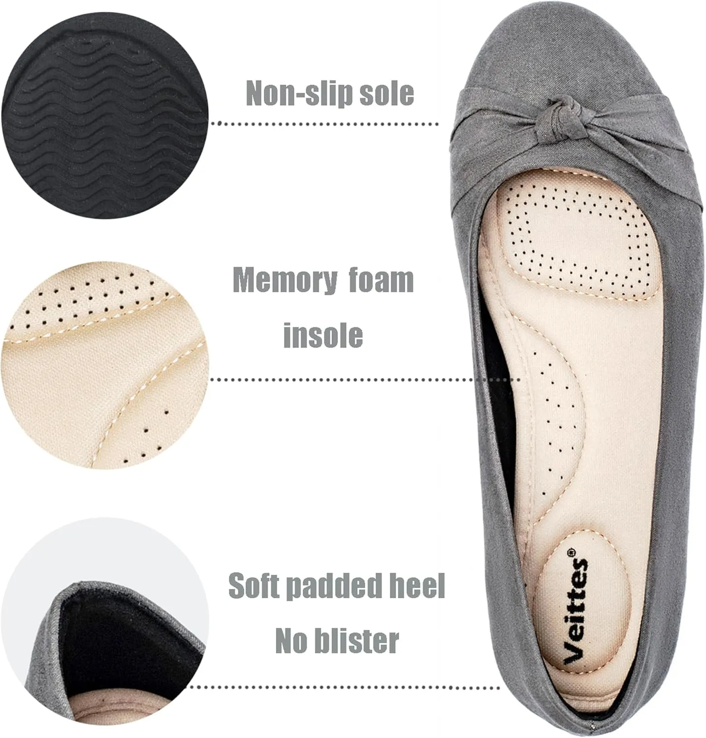 Veittes Women's Wide Width Flat Shoes, Classic Soft Round Toe Design Ballet Flats.