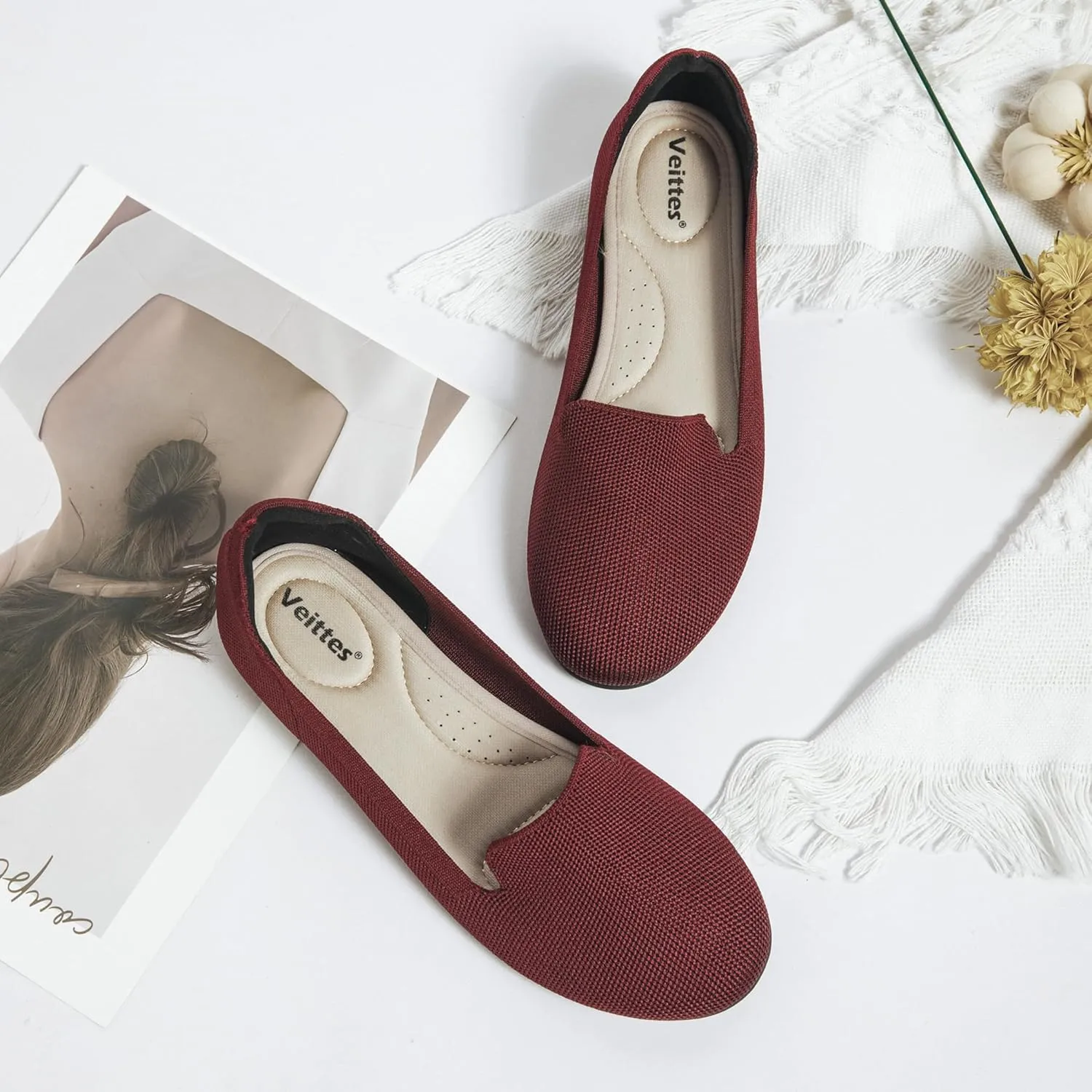 Veittes Women's Wide Width Flats Shoes,Dressy Comfortable Shoes,Soft Ladies Elegant Slip on Round Toe Knitted Ballet Shoes.