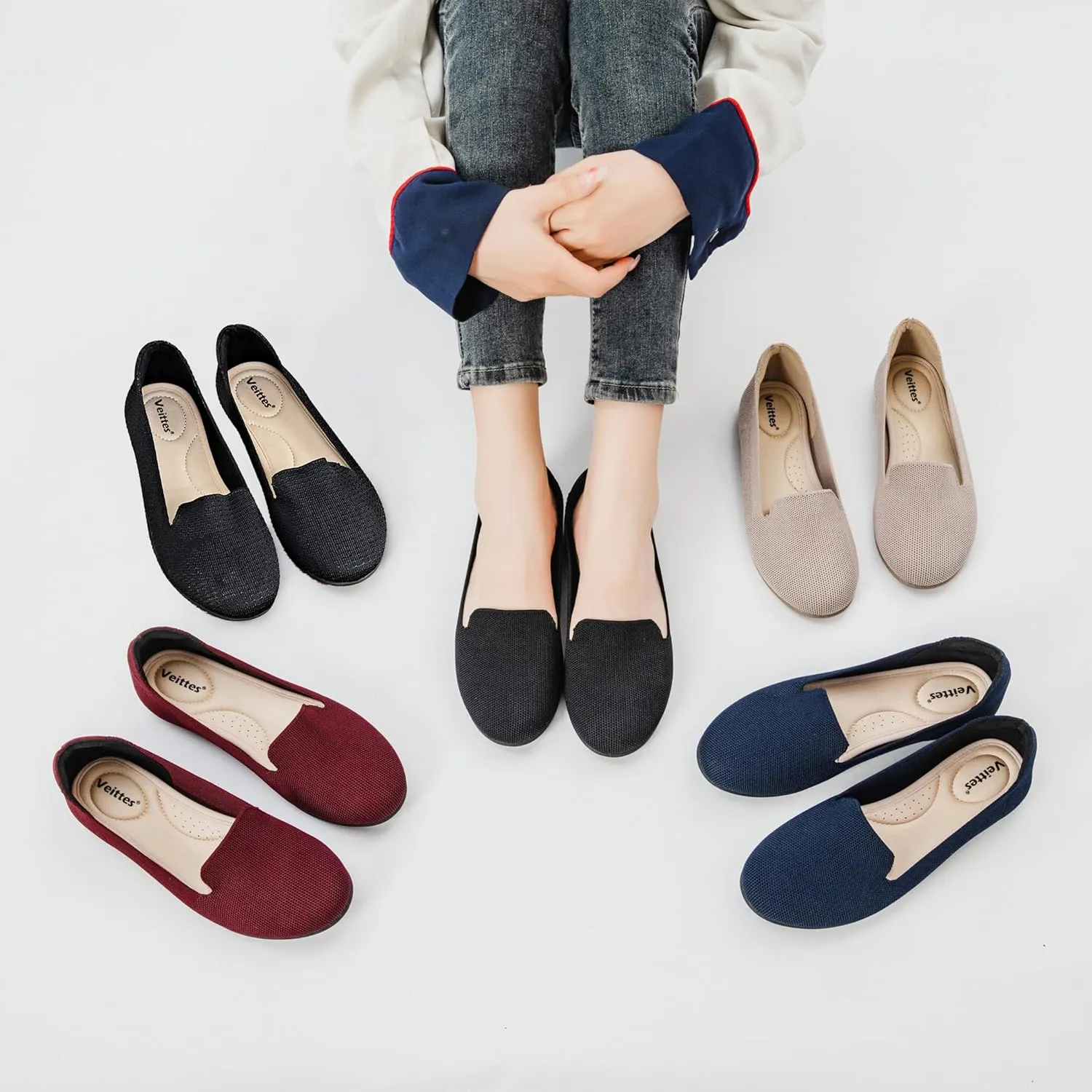 Veittes Women's Wide Width Flats Shoes,Dressy Comfortable Shoes,Soft Ladies Elegant Slip on Round Toe Knitted Ballet Shoes.