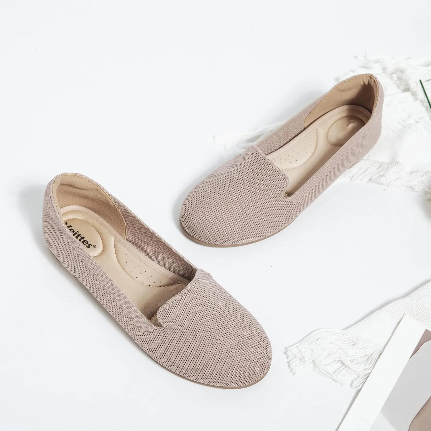 Veittes Women's Wide Width Flats Shoes,Dressy Comfortable Shoes,Soft Ladies Elegant Slip on Round Toe Knitted Ballet Shoes.
