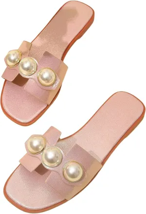 Verdusa Women's Flat Sandals Pearl Sandals Square Toe Summer Slip On Flat Shoes