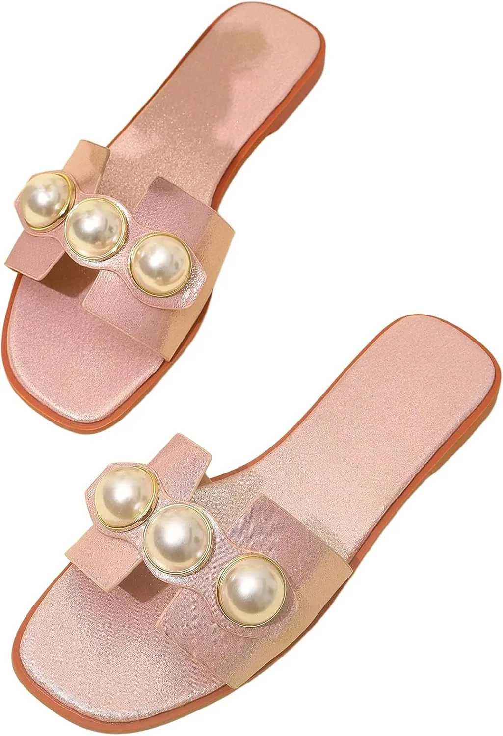Verdusa Women's Flat Sandals Pearl Sandals Square Toe Summer Slip On Flat Shoes