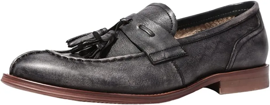 Vintage Tassel Loafers， Mens Manual Slip-On Urban Walking Moccasin Comfortable Leather Shoes,Black- 38/UK 5.5/US 6.5