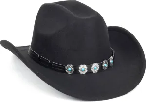 Vintage Western Cowboy Hat for Men Women - Wide Brim Cowgirl Fedora Bling Hats with Diamonds M