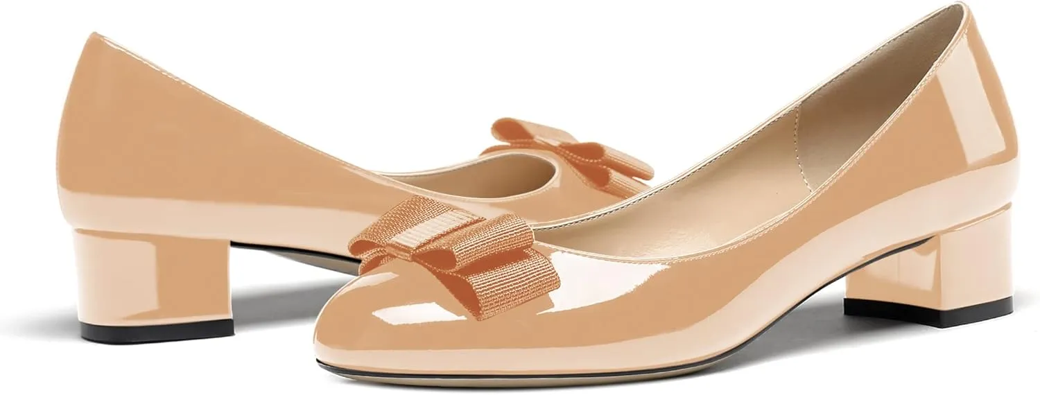 WAYDERNS Women's Patent Bow Slip On Round Toe Chunky Low Heel Pumps Shoes 1.5 Inch