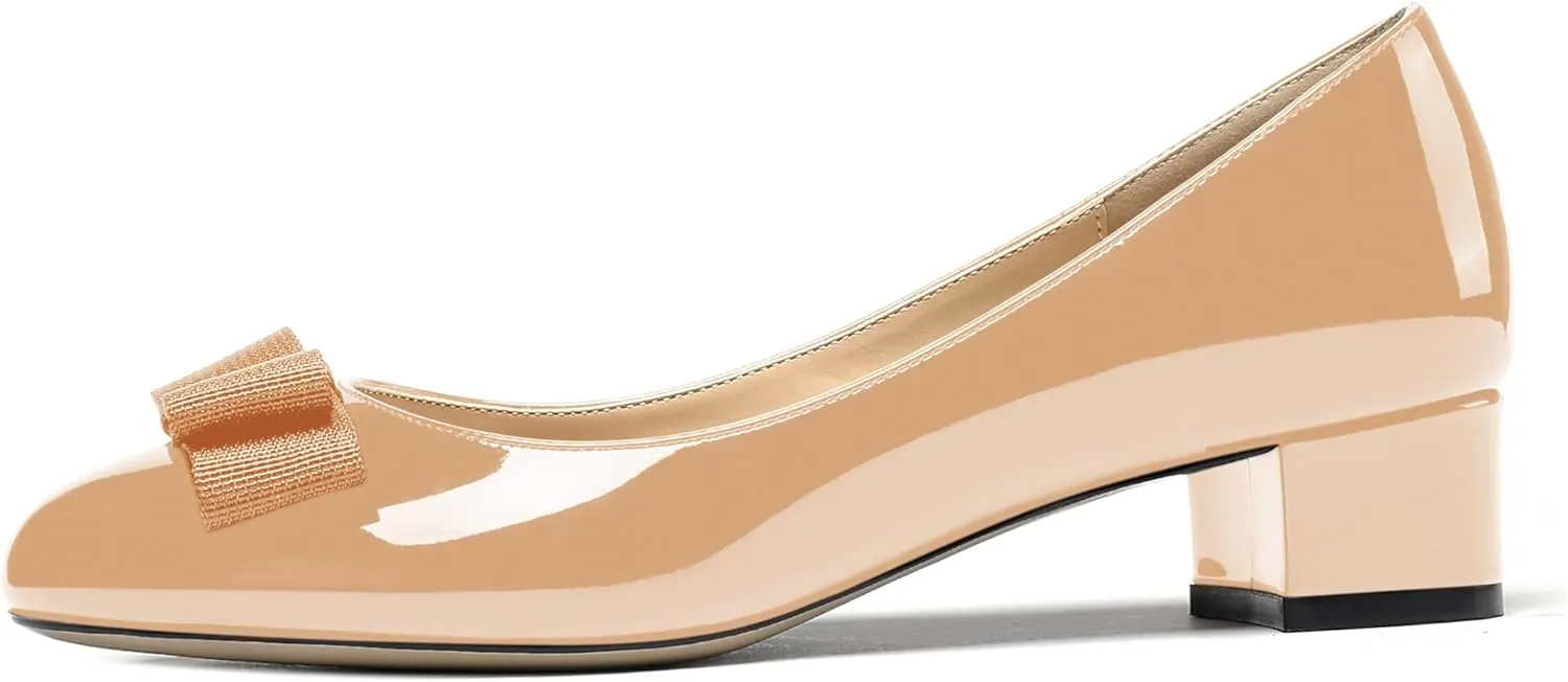 WAYDERNS Women's Patent Bow Slip On Round Toe Chunky Low Heel Pumps Shoes 1.5 Inch