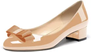 WAYDERNS Women's Patent Bow Slip On Round Toe Chunky Low Heel Pumps Shoes 1.5 Inch