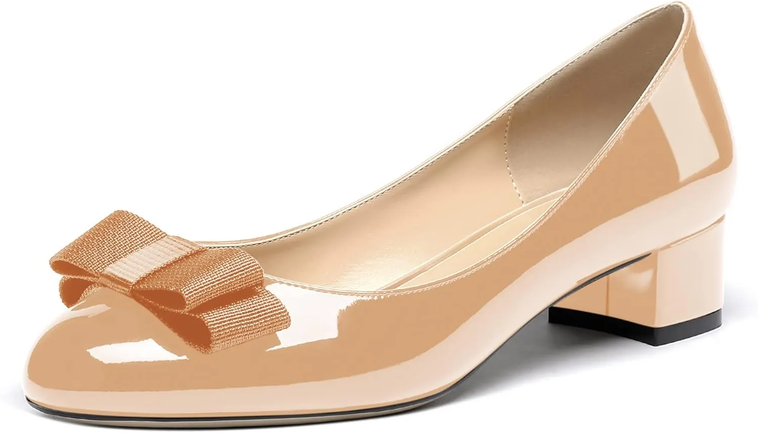 WAYDERNS Women's Patent Bow Slip On Round Toe Chunky Low Heel Pumps Shoes 1.5 Inch