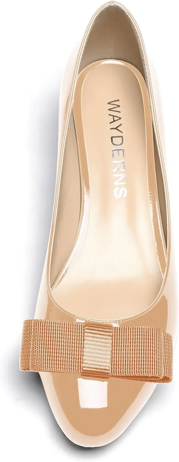 WAYDERNS Women's Patent Bow Slip On Round Toe Chunky Low Heel Pumps Shoes 1.5 Inch