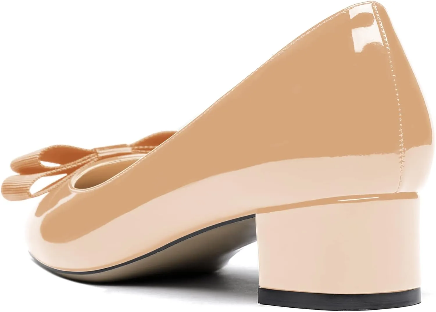 WAYDERNS Women's Patent Bow Slip On Round Toe Chunky Low Heel Pumps Shoes 1.5 Inch