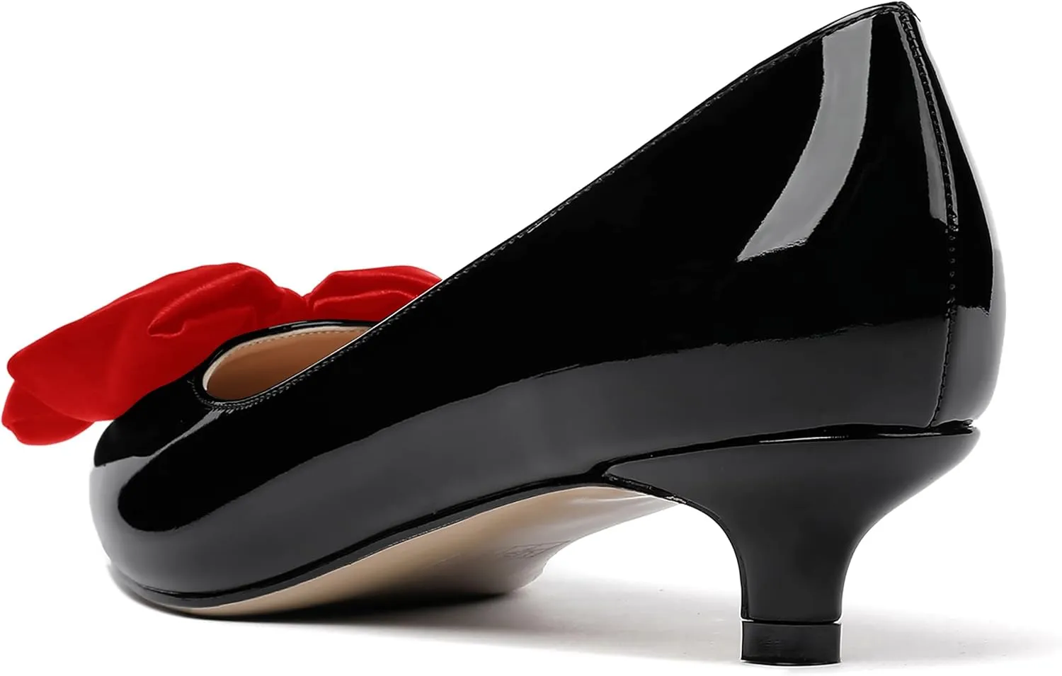 WAYDERNS Women's Slip On Patent Pointed Toe Bow Decoration Kitten Low Heel Pumps Shoes 1.5 Inch