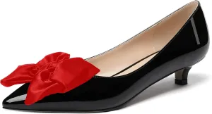 WAYDERNS Women's Slip On Patent Pointed Toe Bow Decoration Kitten Low Heel Pumps Shoes 1.5 Inch