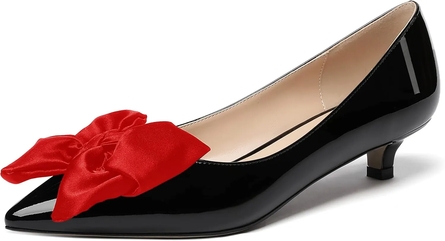 WAYDERNS Women's Slip On Patent Pointed Toe Bow Decoration Kitten Low Heel Pumps Shoes 1.5 Inch