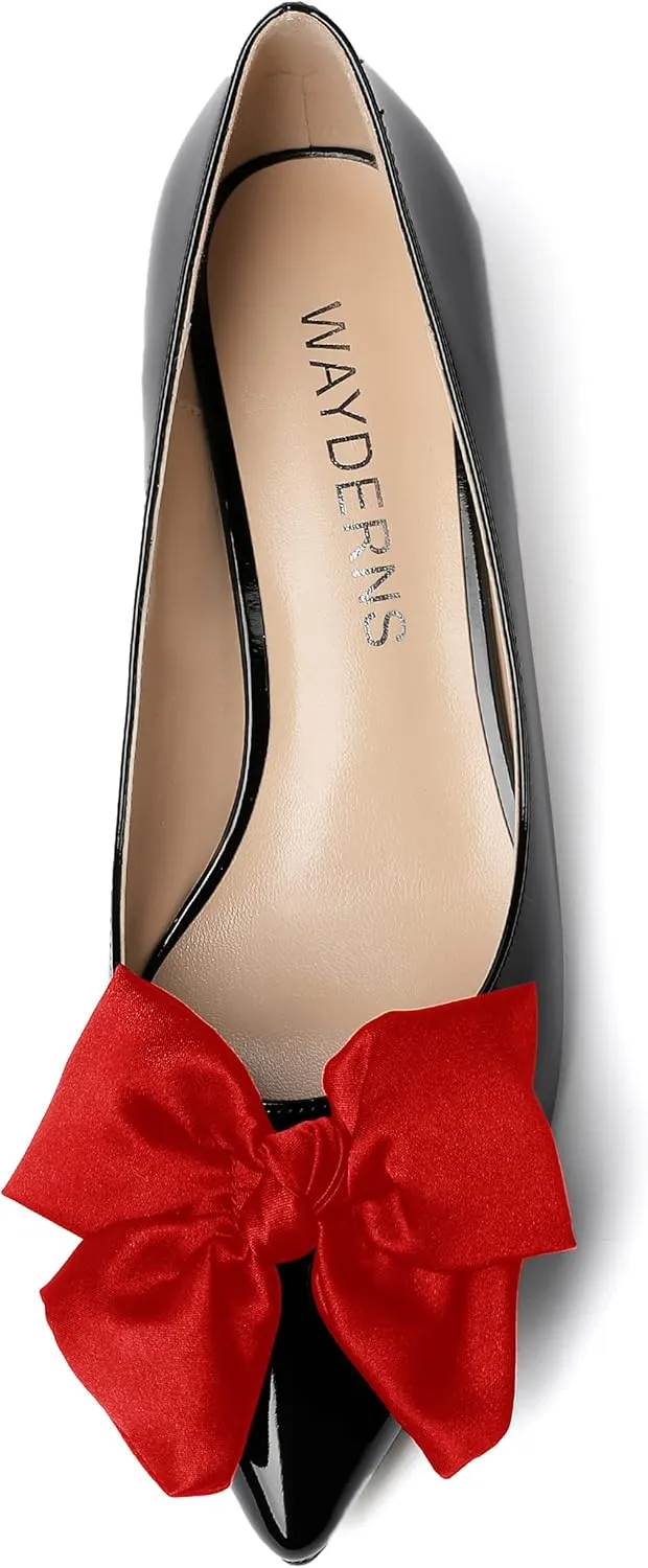 WAYDERNS Women's Slip On Patent Pointed Toe Bow Decoration Kitten Low Heel Pumps Shoes 1.5 Inch