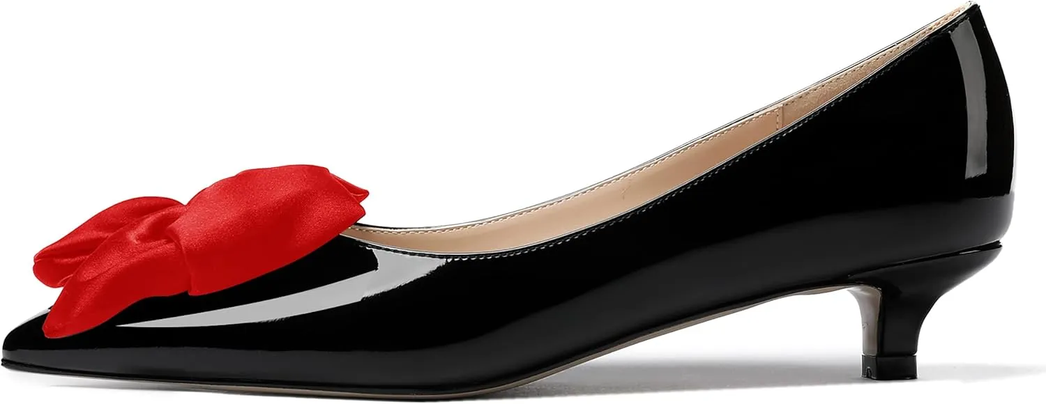 WAYDERNS Women's Slip On Patent Pointed Toe Bow Decoration Kitten Low Heel Pumps Shoes 1.5 Inch