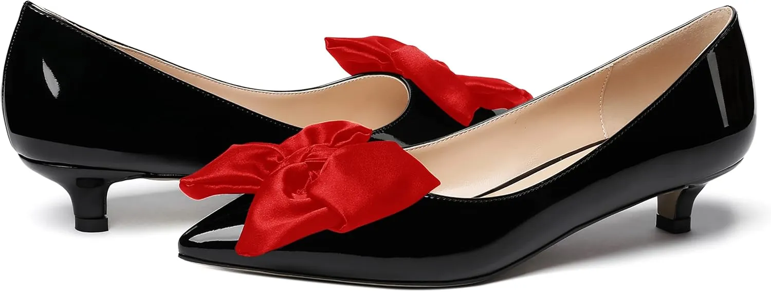 WAYDERNS Women's Slip On Patent Pointed Toe Bow Decoration Kitten Low Heel Pumps Shoes 1.5 Inch