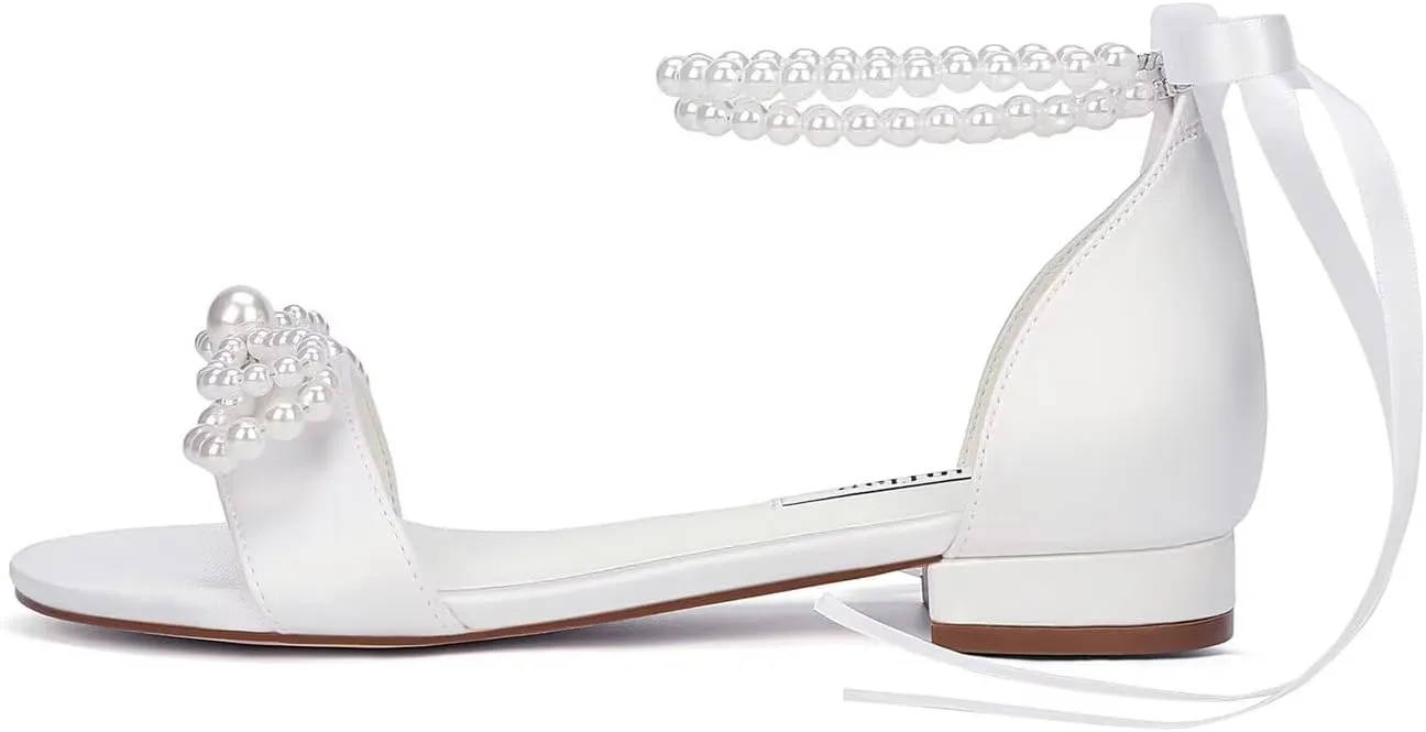 Wedding Flats Pearl Sandals Flat Wedding Shoes for Bride Open Toe Bridal Flats