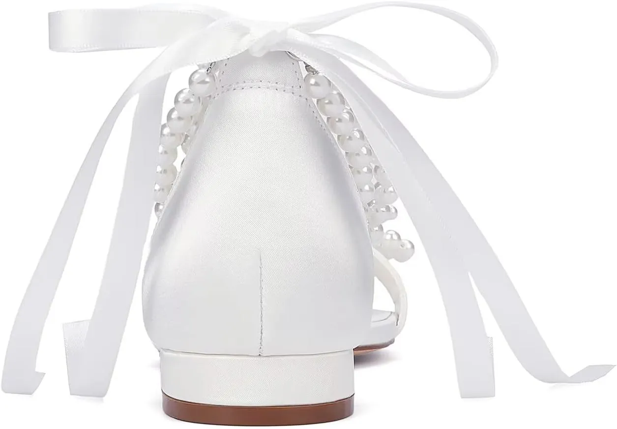 Wedding Flats Pearl Sandals Flat Wedding Shoes for Bride Open Toe Bridal Flats