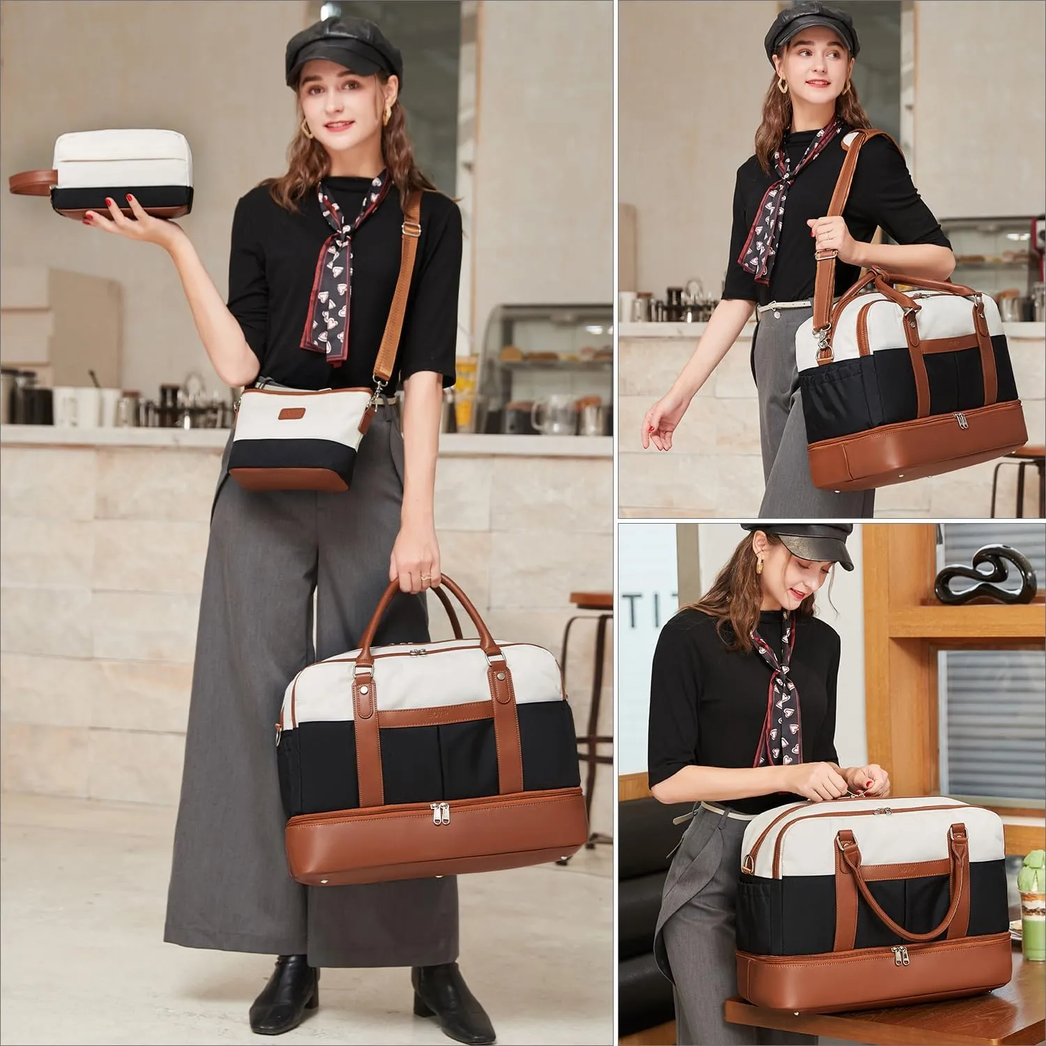 Weekender Bags for Women Overnight Bag Large Canvas Travel Duffel Bag with Shoe Compartment Carry On Tote Bag 3Pcs Set