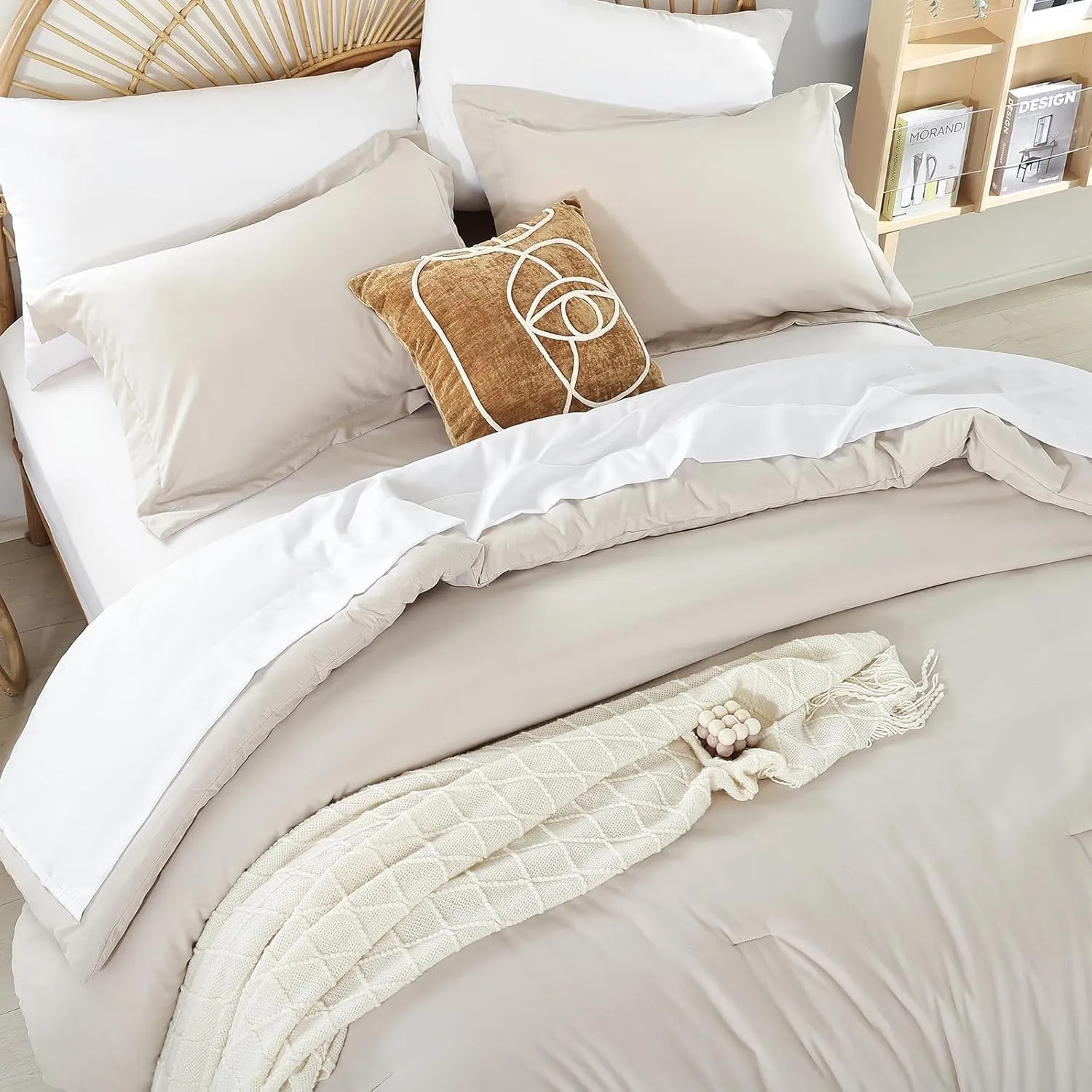 weigelia Queen Comforter Set 7 Pieces Beige Comforter Set Queen Size Bedding Set Soft Microfiber Comforter with Fitted Sheets, Flat Sheets, Pillow Shams, and Pillowcases