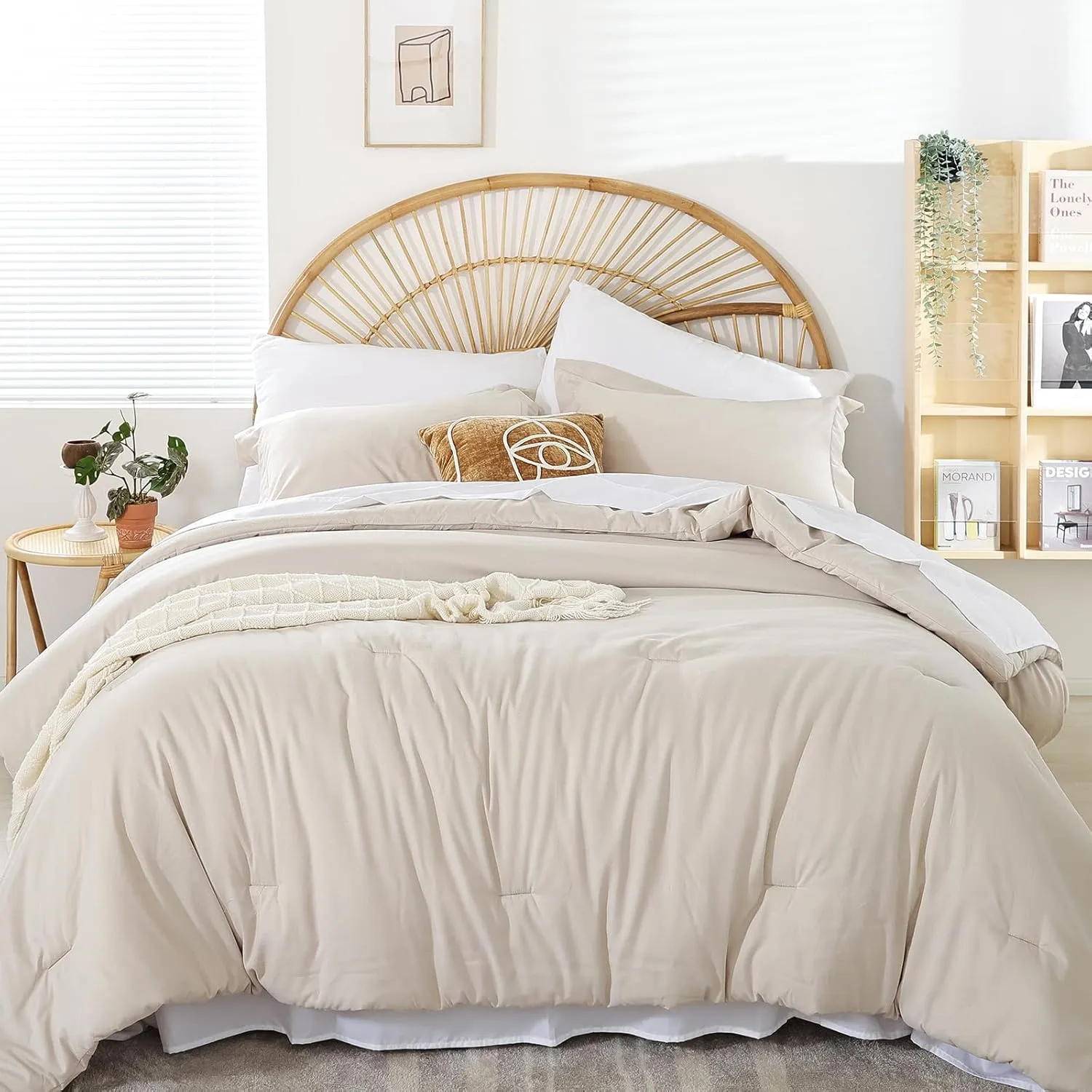 weigelia Queen Comforter Set 7 Pieces Beige Comforter Set Queen Size Bedding Set Soft Microfiber Comforter with Fitted Sheets, Flat Sheets, Pillow Shams, and Pillowcases