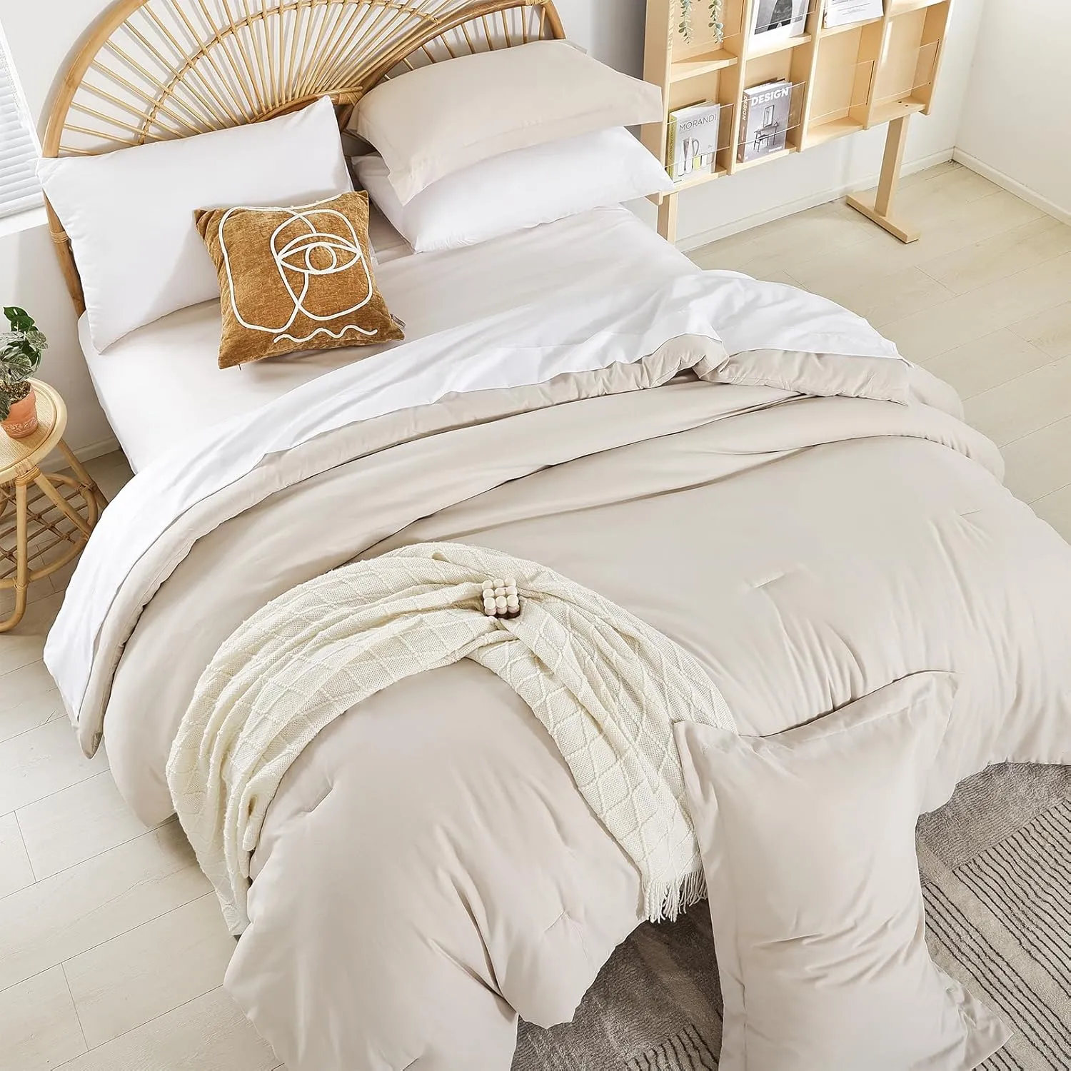 weigelia Queen Comforter Set 7 Pieces Beige Comforter Set Queen Size Bedding Set Soft Microfiber Comforter with Fitted Sheets, Flat Sheets, Pillow Shams, and Pillowcases