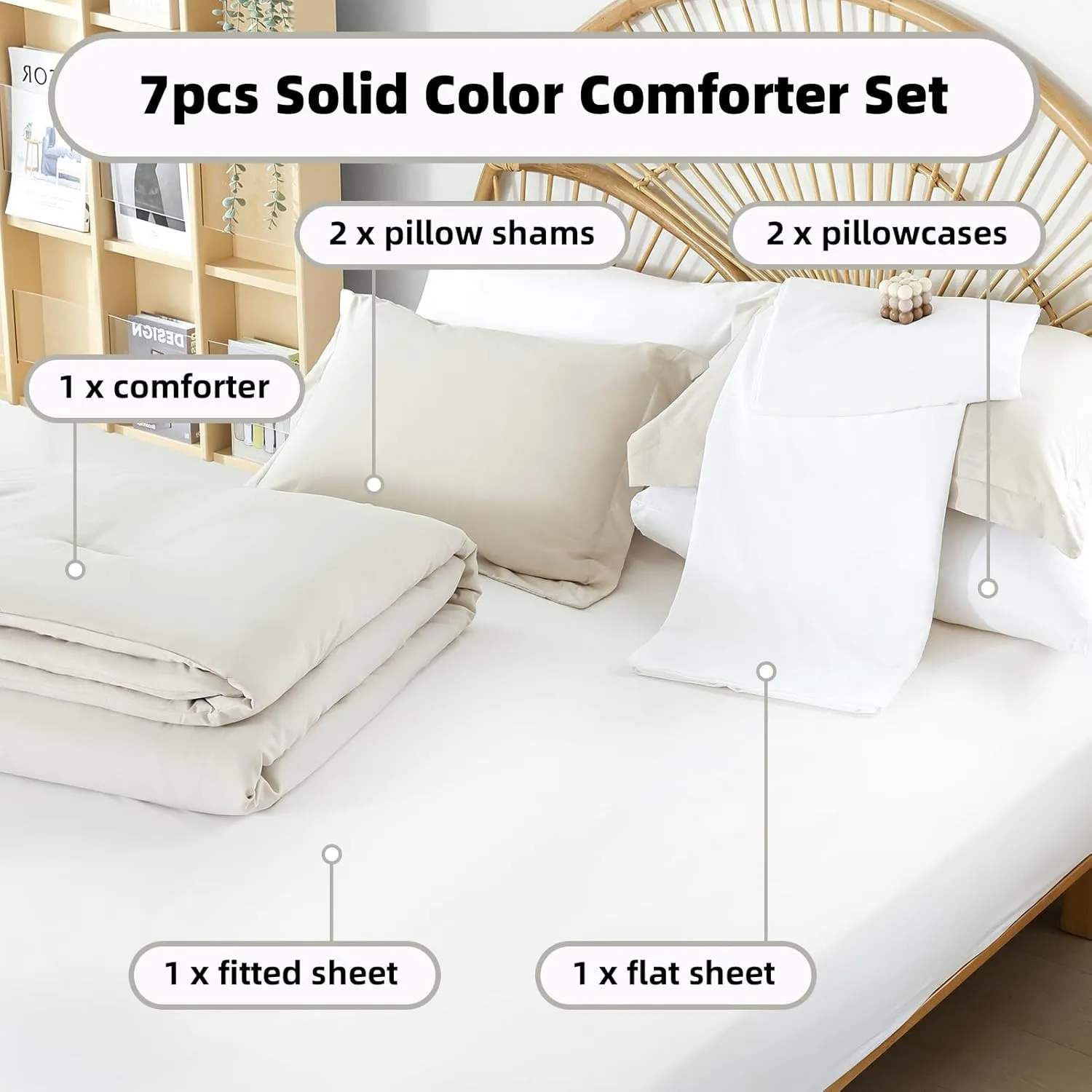 weigelia Queen Comforter Set 7 Pieces Beige Comforter Set Queen Size Bedding Set Soft Microfiber Comforter with Fitted Sheets, Flat Sheets, Pillow Shams, and Pillowcases