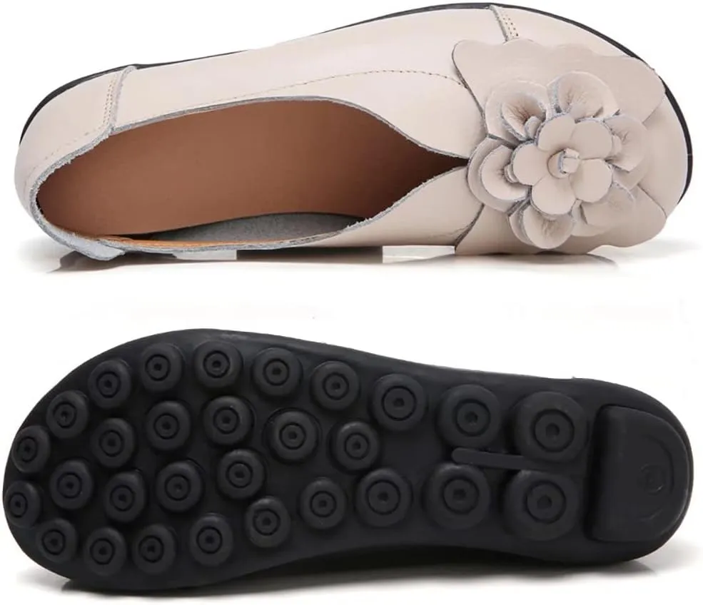 WERWAES Casual Leather Loafers Shoes for Womens Slim Lightweight Soft Sole Flat Moccasins Shoes with Flowers Cowhide Round Toe Slip on Womens Loafer Indoor Outdoor Walking Womens Shoes
