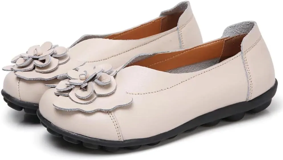 WERWAES Casual Leather Loafers Shoes for Womens Slim Lightweight Soft Sole Flat Moccasins Shoes with Flowers Cowhide Round Toe Slip on Womens Loafer Indoor Outdoor Walking Womens Shoes