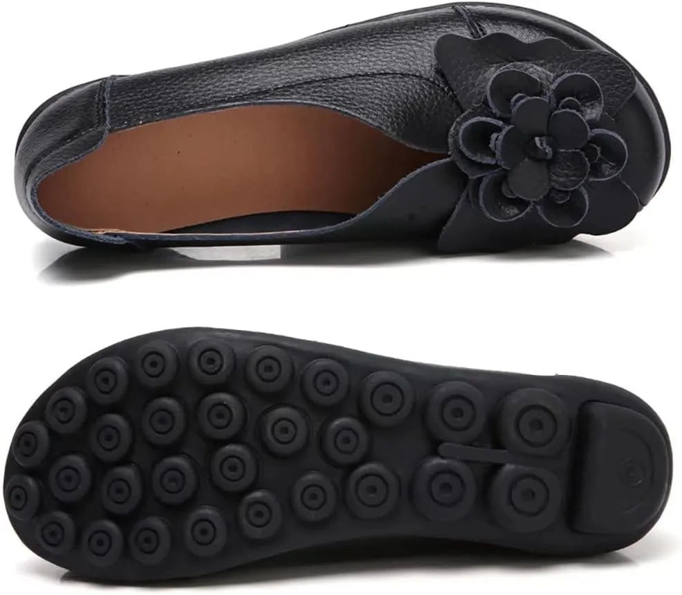 WERWAES Casual Leather Loafers Shoes for Womens Slim Lightweight Soft Sole Flat Moccasins Shoes with Flowers Cowhide Round Toe Slip on Womens Loafer Indoor Outdoor Walking Womens Shoes