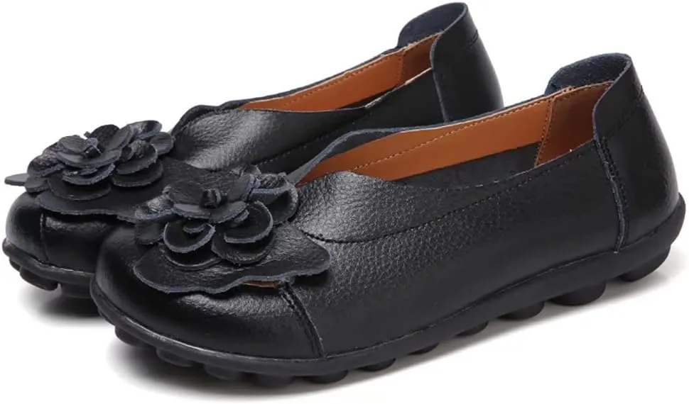 WERWAES Casual Leather Loafers Shoes for Womens Slim Lightweight Soft Sole Flat Moccasins Shoes with Flowers Cowhide Round Toe Slip on Womens Loafer Indoor Outdoor Walking Womens Shoes